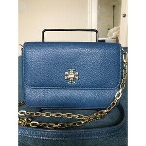 Tory Burch Blue Leather Robinson Chain Crossbody Bag wallet on chain